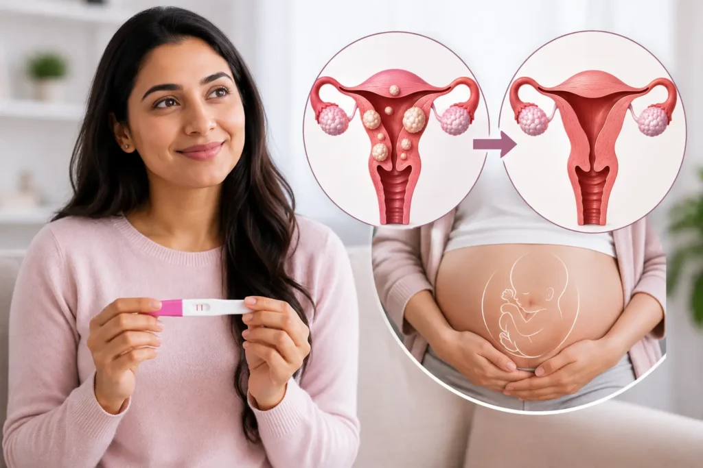 Woman with positive pregnancy test beside a medical illustration showing the uterus before and after fibroid removal.
