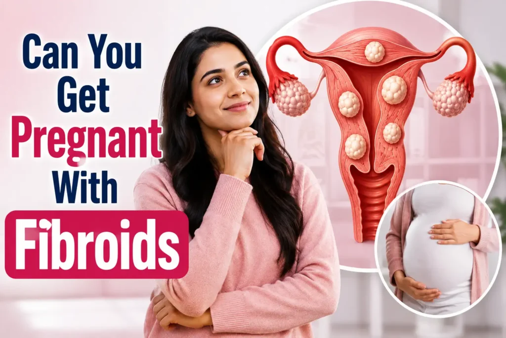 Medical illustration showing uterine fibroids and pregnancy fertility.