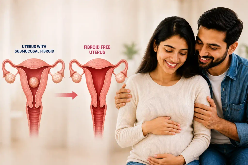 Uterine fibroid removal showing a submucosal fibroid and a fibroid-free uterus in relation to future pregnancy.