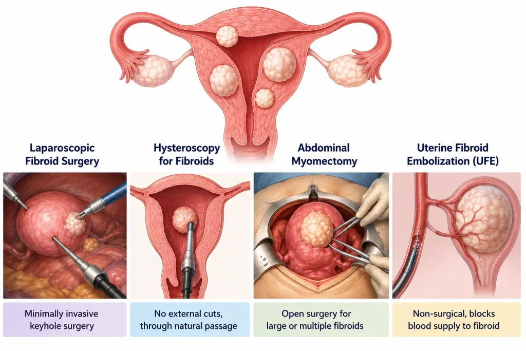 Medical illustration showing four fibroid surgery options including laparoscopic surgery, hysteroscopy, abdominal myomectomy, and uterine fibroid embolization