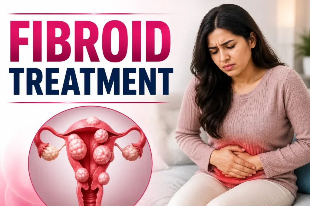 Woman experiencing abdominal pain alongside an illustration of a uterus with multiple fibroids