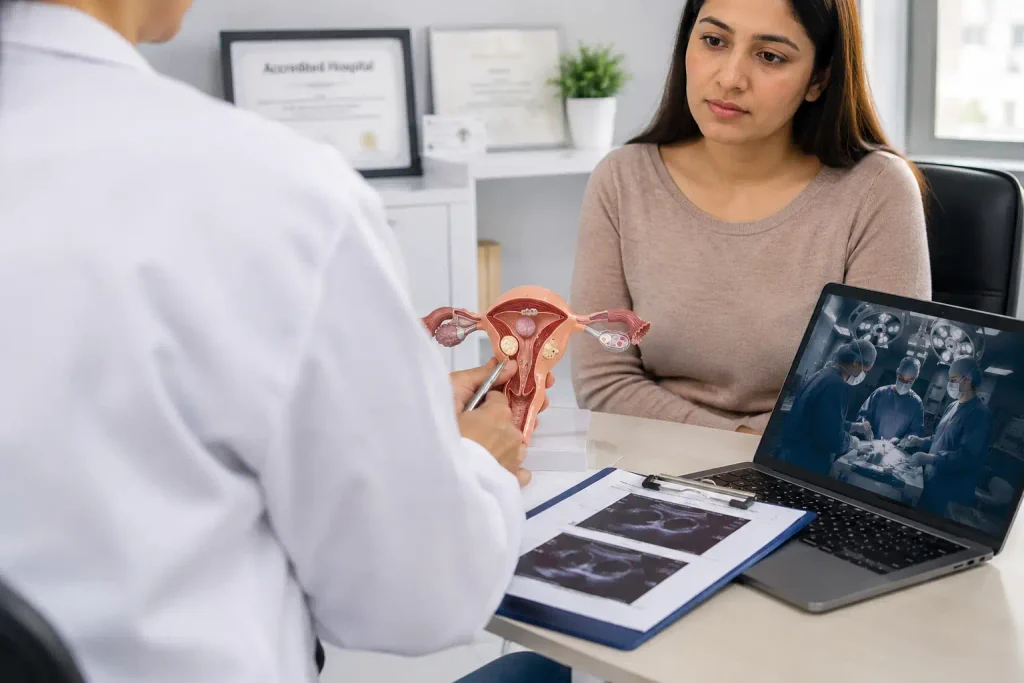 Gynaecologist discussing fibroid surgery options with a patient during a medical consultation