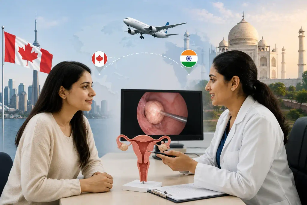 Canadian patient consulting a gynaecologist in India about hysteroscopy for fibroids