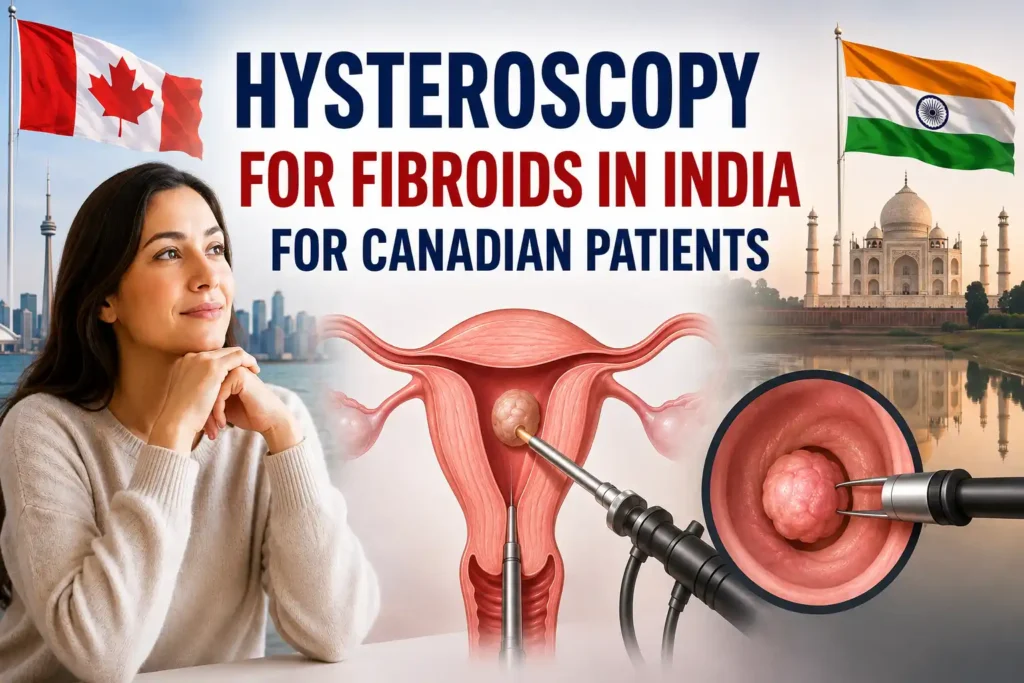 Hysteroscopy for fibroids in India for Canadian patients with a medical illustration of hysteroscopic fibroid removal.