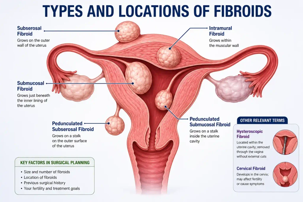 Types and locations of uterine fibroids including subserosal, intramural and submucosal fibroids
