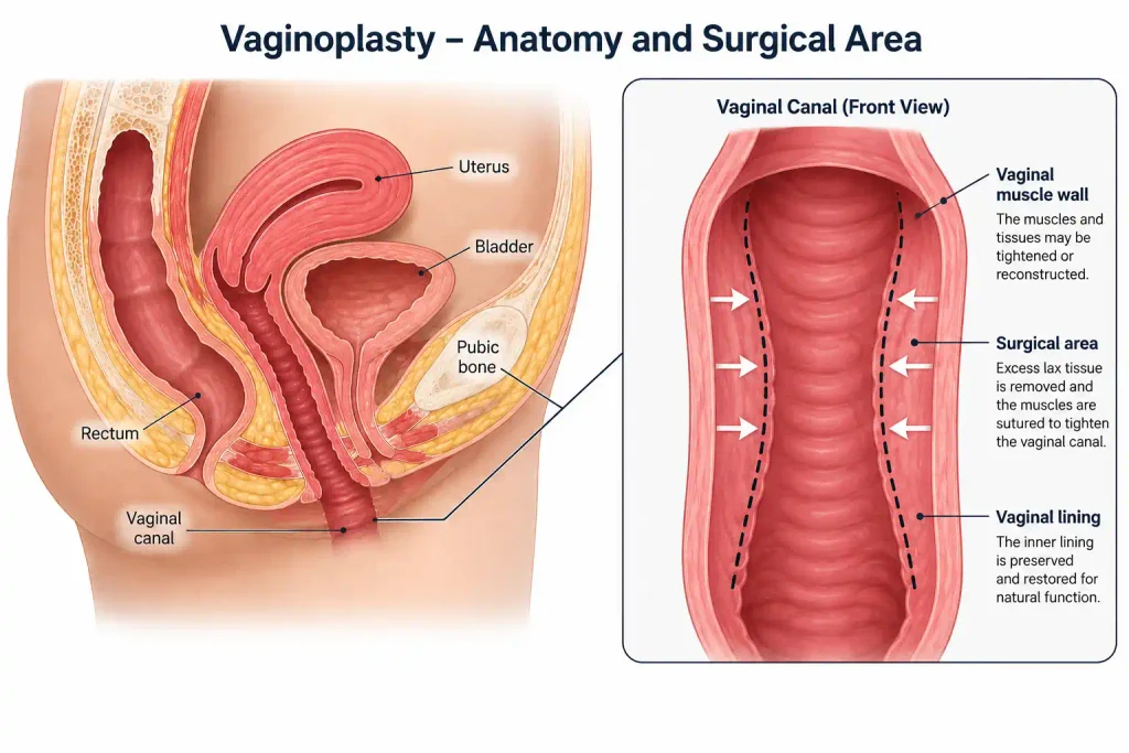 Medical illustration showing vaginal anatomy and the surgical area involved in vaginoplasty