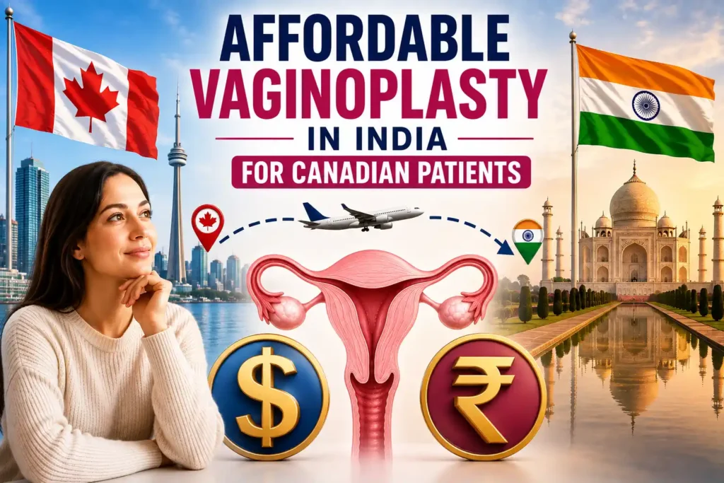 Medical infographic showing affordable vaginoplasty in India for Canadian patients, with a woman, Canadian and Indian landmarks, and a clinical gynecological illustration.