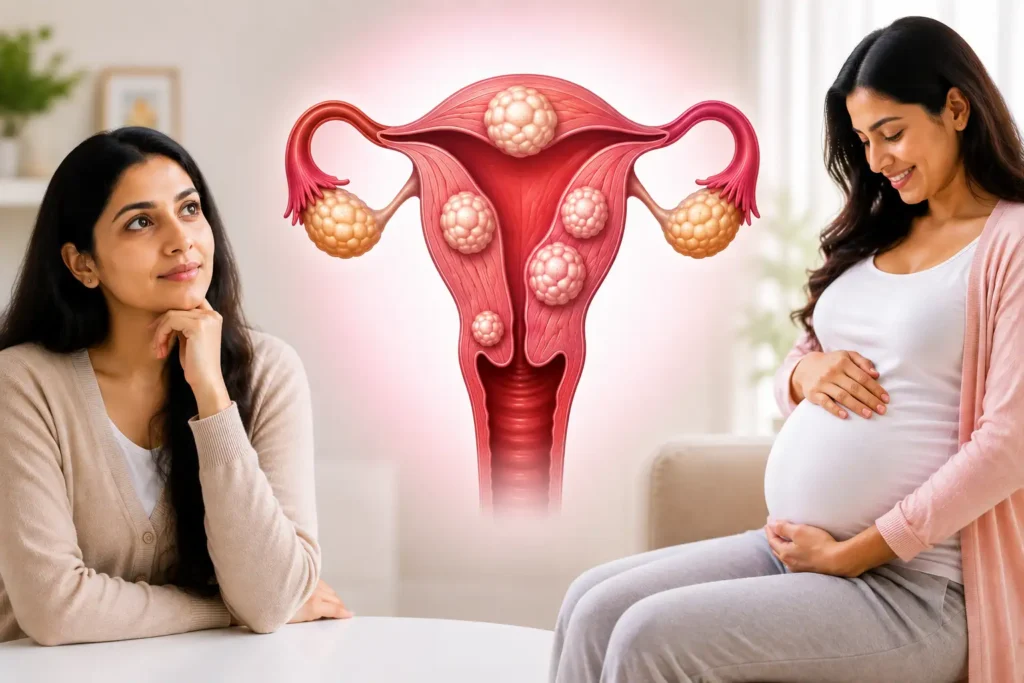 Uterine fibroids, fertility and pregnancy medical illustration