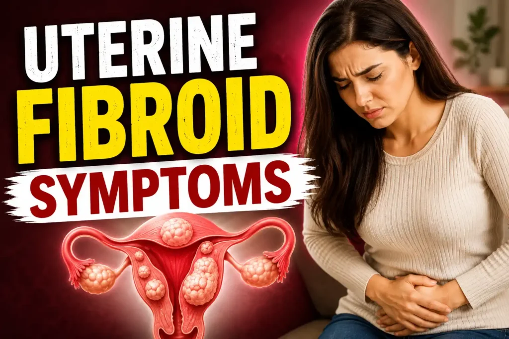 Uterine fibroid symptoms showing a woman experiencing lower abdominal pain alongside an illustration of a uterus with fibroids
