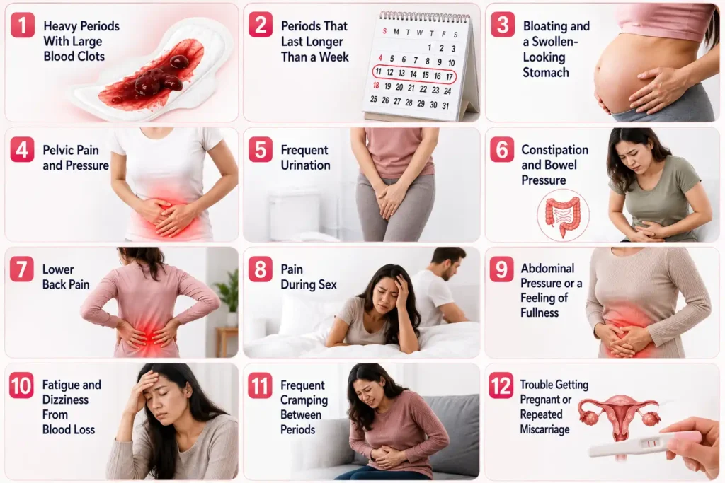 Infographic showing 12 warning signs of uterine fibroids including heavy periods, prolonged bleeding, bloating, pelvic pain, frequent urination, constipation, back pain, painful sex, abdominal pressure, fatigue, cramping, and fertility problems