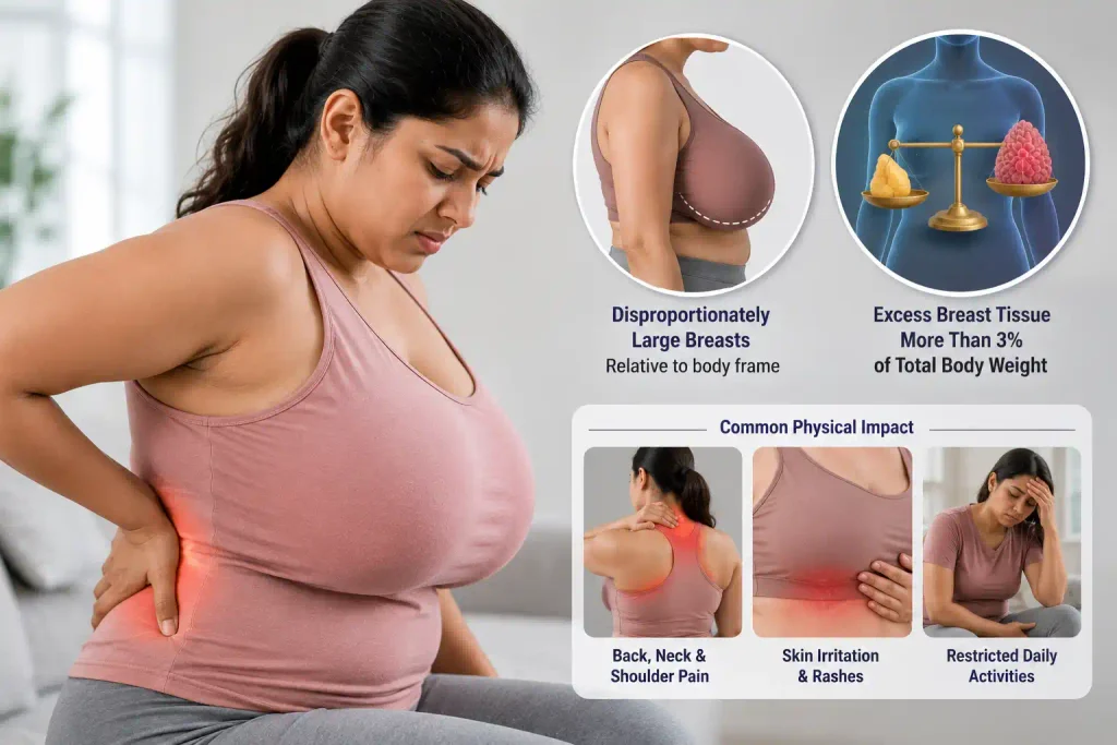 Medical infographic showing medical conditions, macromastia, and idiopathic causes of large breasts