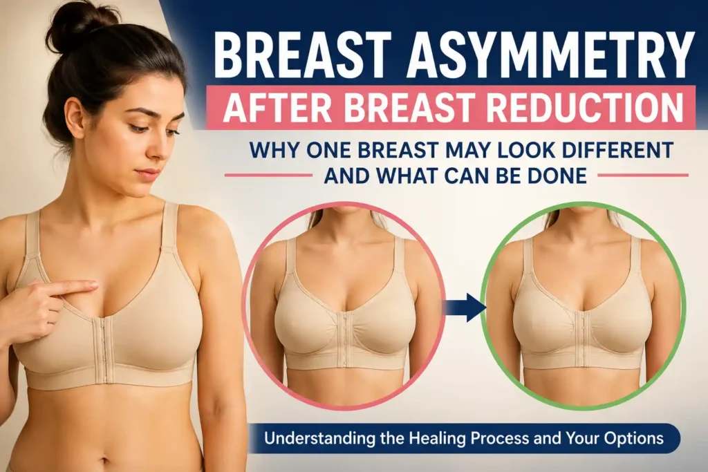 Breast asymmetry after reduction showing how swelling and healing can make one breast look different temporarily.