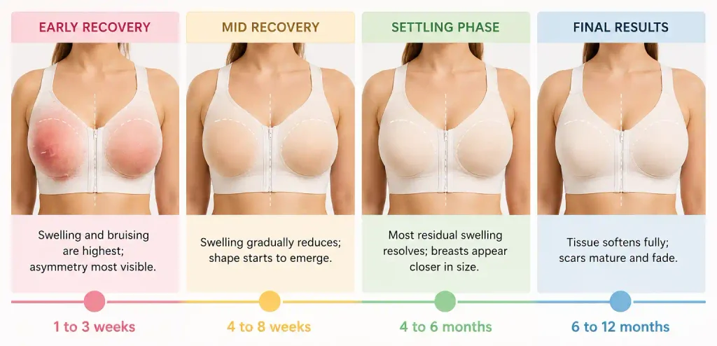 Breast reduction recovery timeline showing how uneven breasts may settle from early recovery to final results.