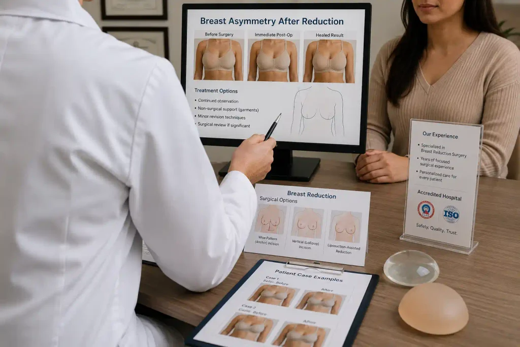 Doctor discussing persistent breast asymmetry after reduction and treatment options with a patient.