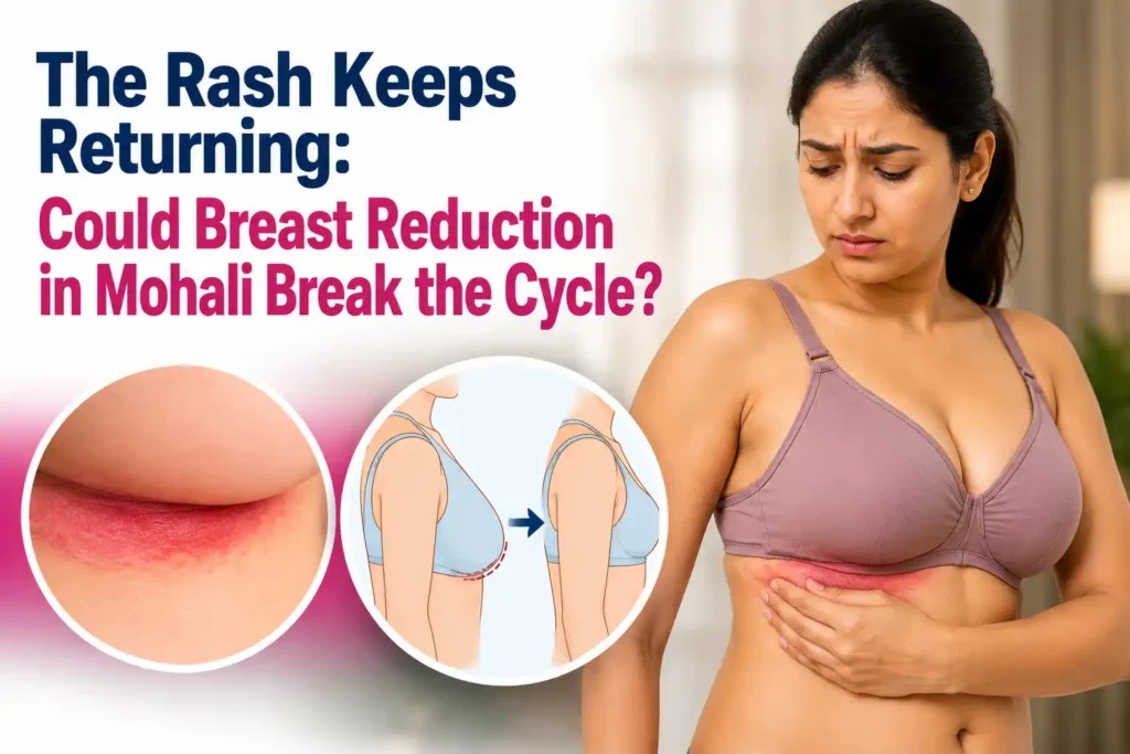 Woman experiencing recurrent under-breast rash with a visual comparison showing potential improvement after breast reduction.
