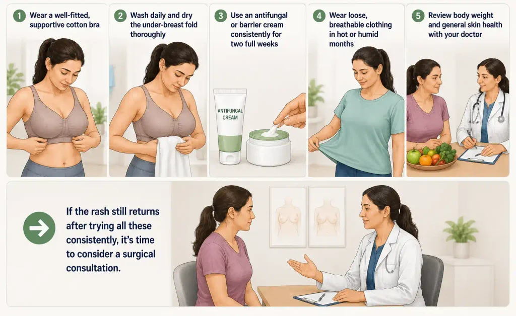 Medical illustration showing supportive bra use, under-breast hygiene, topical treatment, breathable clothing, and medical consultation before breast reduction.