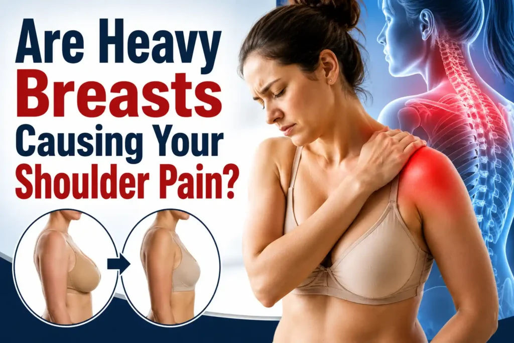 Medical infographic showing a woman with shoulder pain associated with heavy breasts, highlighting neck, shoulder, and spine strain