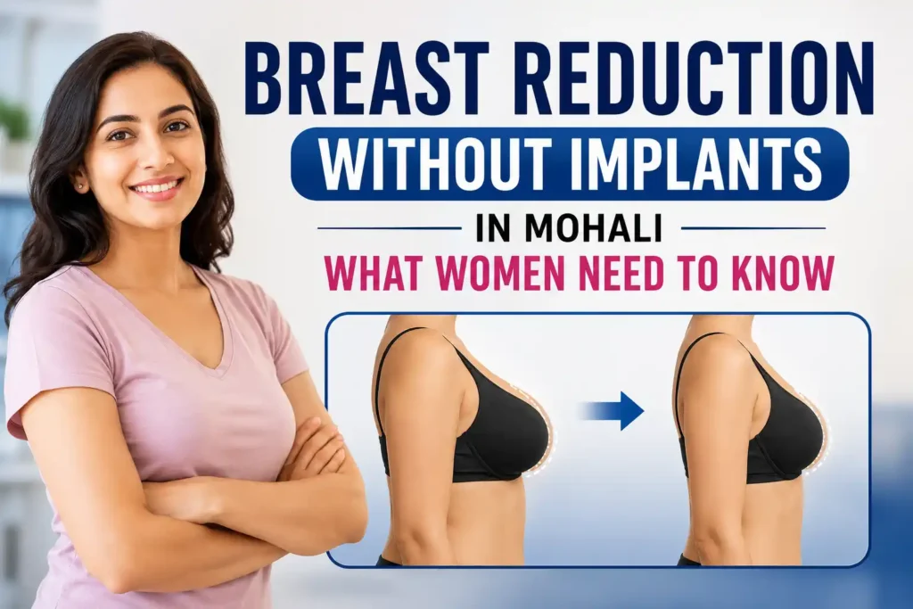 Breast reduction without implants in Mohali showing smaller, reshaped breasts using natural tissue.