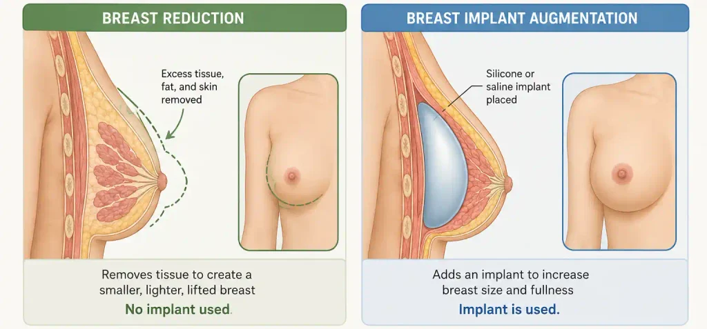 Medical illustration comparing breast reduction without implants in Mohali with breast implant augmentation.
