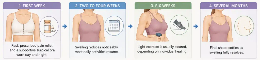 Medical illustration showing breast reduction scar patterns, nipple sensation changes, and recovery stages.