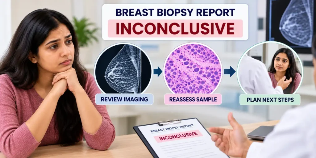 Medical infographic showing repeat biopsy, additional imaging, and second pathology opinion after an inconclusive breast biopsy