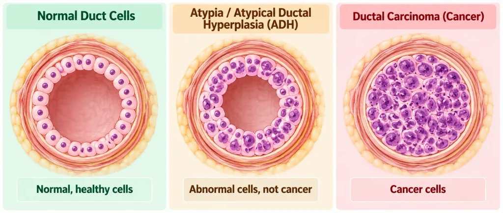 Comparison of normal breast duct cells, atypical ductal hyperplasia, and ductal carcinoma