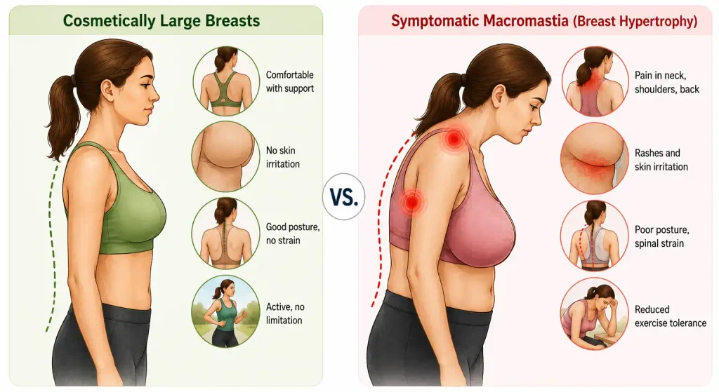 Medical illustration comparing cosmetically large breasts with symptomatic macromastia based on pain, skin symptoms, posture, and exercise tolerance.