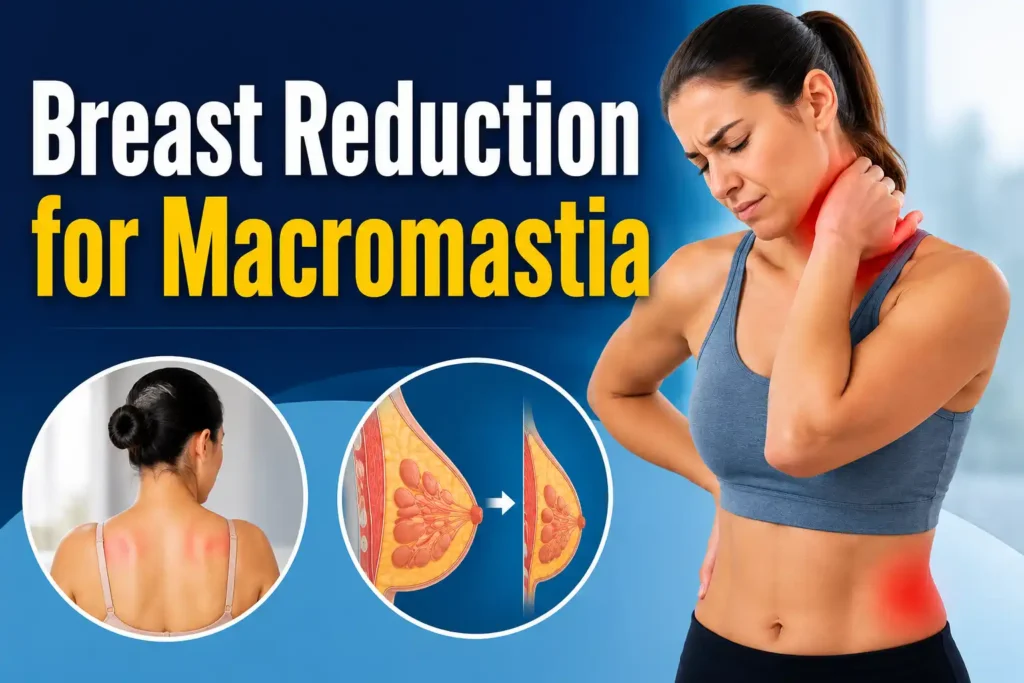 Medical illustration showing breast reduction for women with symptomatic macromastia and related neck, shoulder and back discomfort.